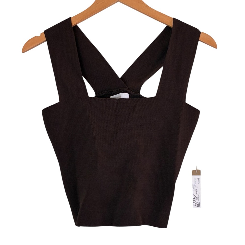 Lucca | NWT Square neck brown wide straps crisscross back crop tank top XS